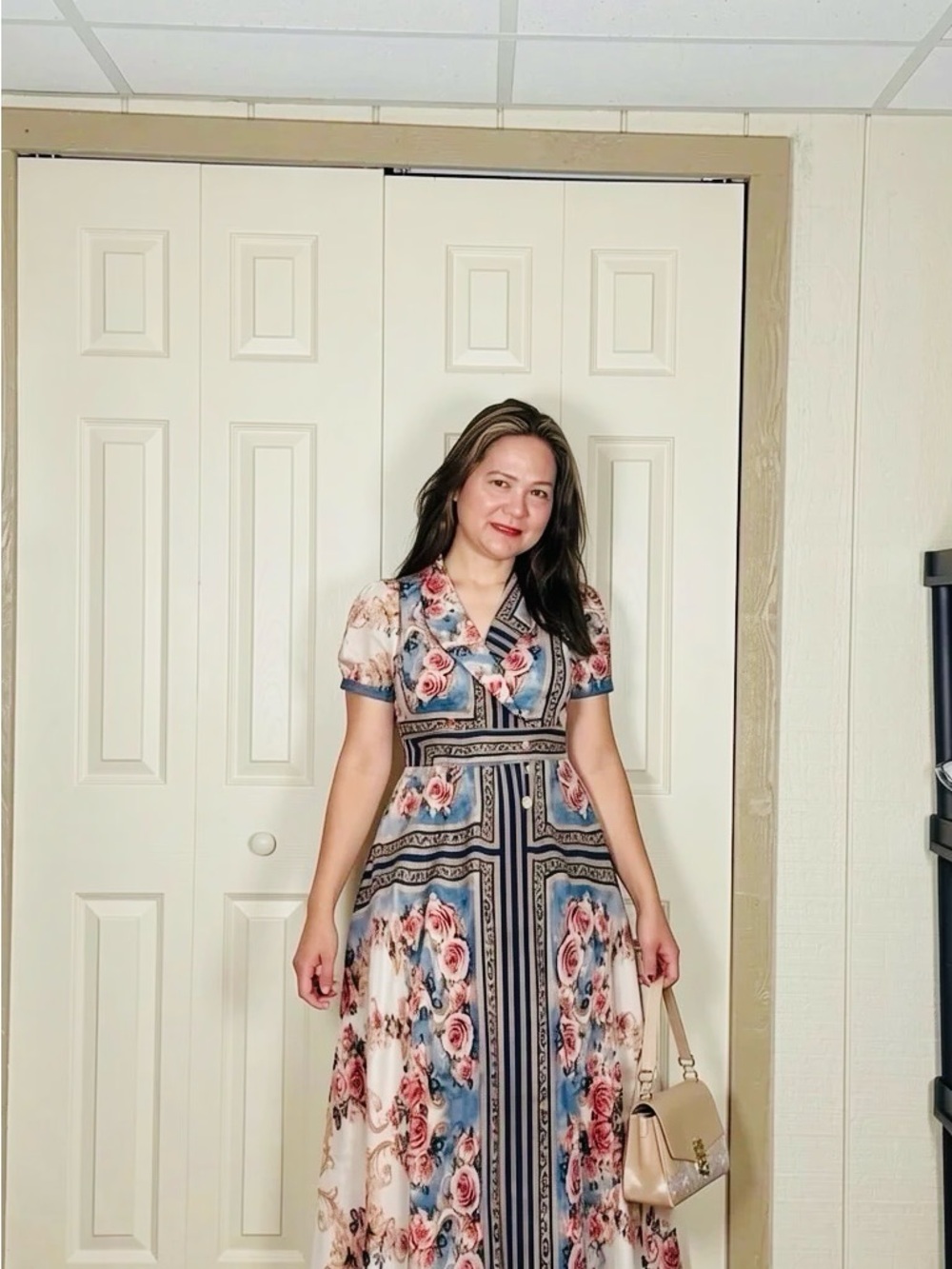 Floral Maxi Dress with Pink Rose Print and Blue Trim
